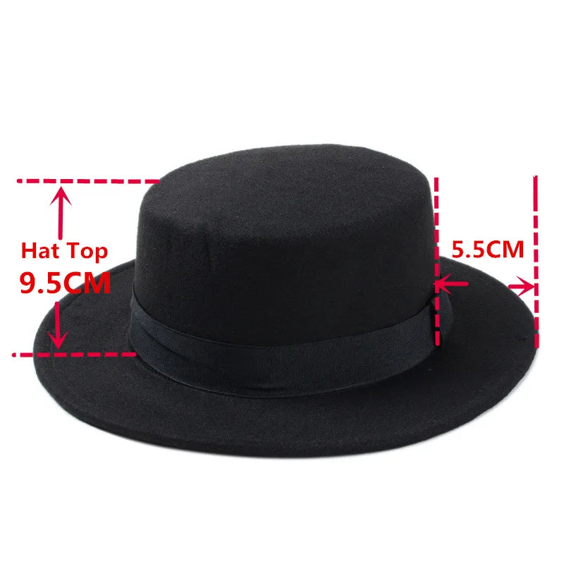 New Fashion Wool Pork Pie Boater Flat Top Hat for Women'S Men'S Felt Wide Brim Fedora Gambler Hat
