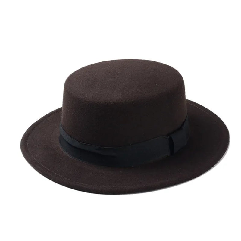 New Fashion Wool Pork Pie Boater Flat Top Hat for Women'S Men'S Felt Wide Brim Fedora Gambler Hat