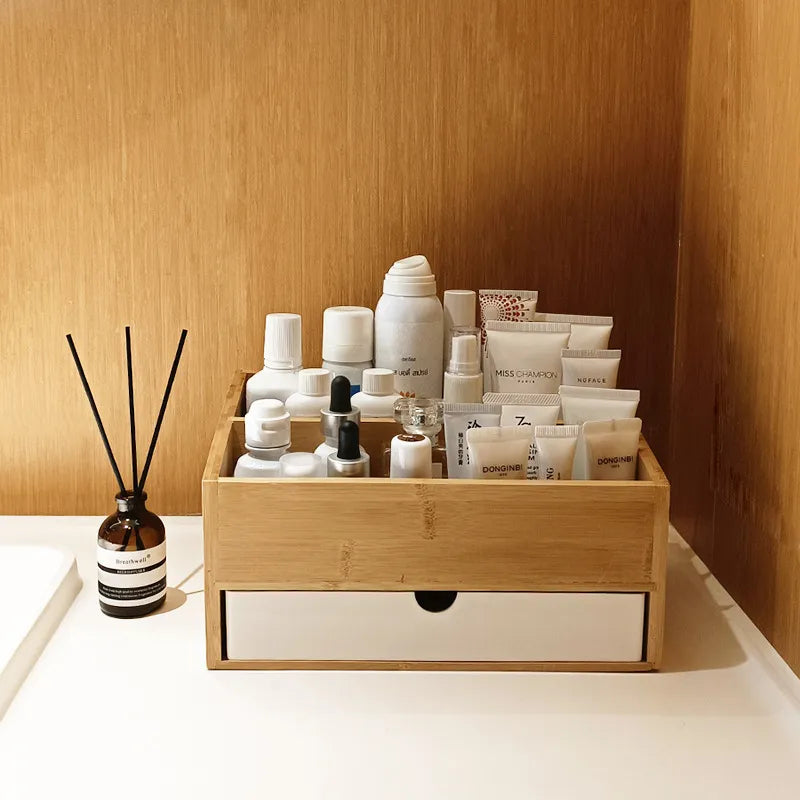 "Organize and Beautify Your Vanity with Our Bamboo Cosmetic Drawer Storage Box - Perfect for Makeup, Jewelry, and Skincare!"